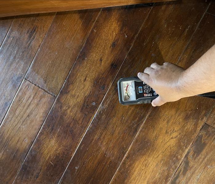 Brown hardwood floor buckling caused by standing water damage